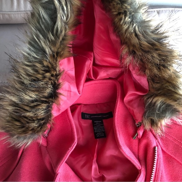 INC Long Full Zipper Lined Removable Hoodie With Fur Coral Pink Pockets Jacket M - Picture 11 of 13